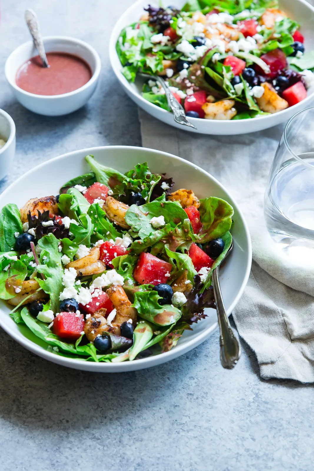 Salad with shrimp, watermelon, blueberries, and feta